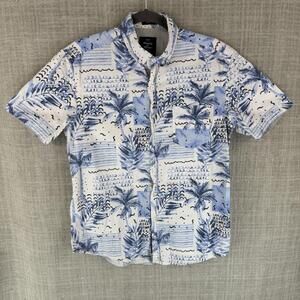 Artistry In Motion Button-Up Mens M Blue Floral Short Sleeve Slim Cotton